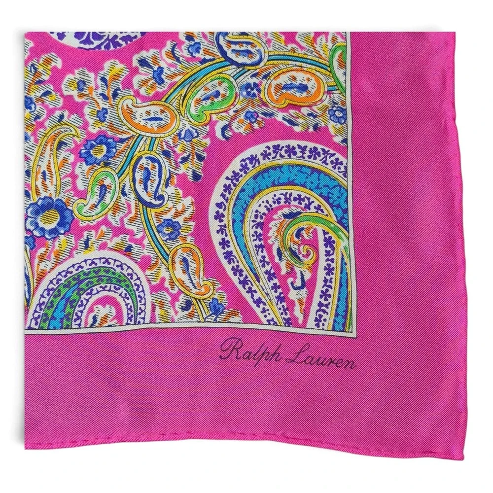 Ralph Lauren Purple Label Italy Silk Scarf Neckerchief Paisley Floral Pink